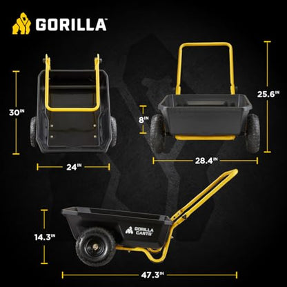 Gorilla Carts Poly Dump Cart, 2-Wheel Garden Wagon, 4 Cu Ft, 300lb Capacity