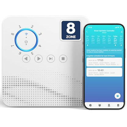 Smart Sprinkler Controller WiFi with External Antenna, Strong Signal Irrigation Timer, App & Panel Dual Control, Indoor Watering System with Weather Intelligence, 24VAC Compatible, 8 Zone