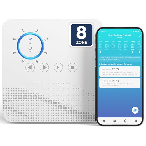 Smart Sprinkler Controller WiFi with External Antenna 8 Zone , Strong Signal Irrigation Timer, App & Panel Dual Control, Indoor Watering System with Weather Intelligence, 24VAC Compatible
