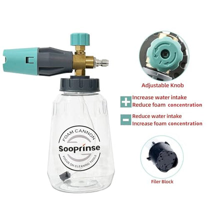 Sooprinse Pressure Washer Gun with Foam Cannon Snow Foam Lance, Short Pressure Washer Gun with Foam Cannon with 1/4 Inch Quick Connector, Power Washer Foam Blaster with Car Wash Mitt, 4000 PSI,1 Liter - color: Black +Green