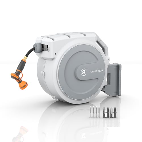 Giraffe Tools Retractable Garden Hose Reel 5/8" 90FT Wall Mount Light Grey - color: Light Grey, size: 5/8'' 90FT