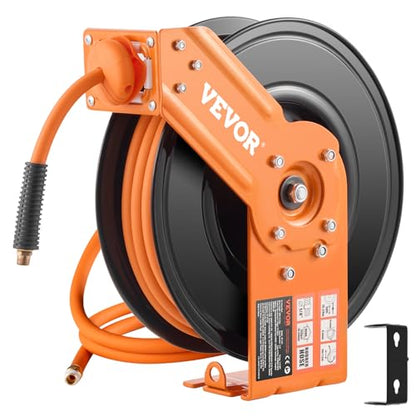 VEVOR Retractable Air Hose Reel, 3/8IN x 50FT Rubber Air Hose Max 300PSI, Air Compressor Hose Reel Auto-Rewind with 5FT Lead in, Ceiling/Wall Mount Heavy Duty Single Arm Reel & 180° Swivel Bracket - size: 3/8 in x 50 ft