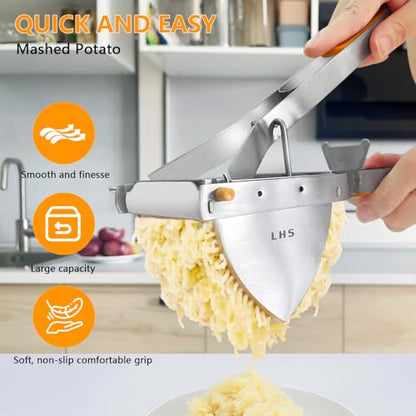 LHS Stainless Steel Potato Ricer and Masher, Heavy Duty Commercial Food Masher, Ergonomic Comfort Grip, Extra Large Capacity, Dishwasher Safe (Orange) - color: Orange
