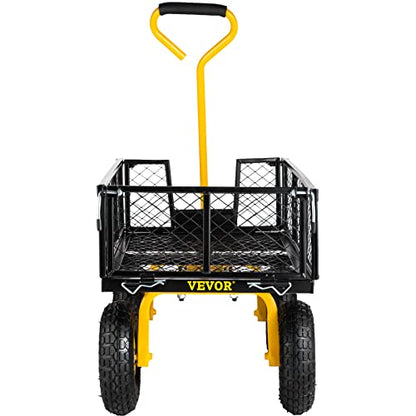 VEVOR Steel Garden Cart, Heavy Duty 500 lbs Capacity, with Removable Mesh Sides to Convert into Flatbed, Utility Metal Wagon with 180° Rotating Handle and 10 in Tires, Perfect for Garden, Farm, Yard - color: Blackyellow