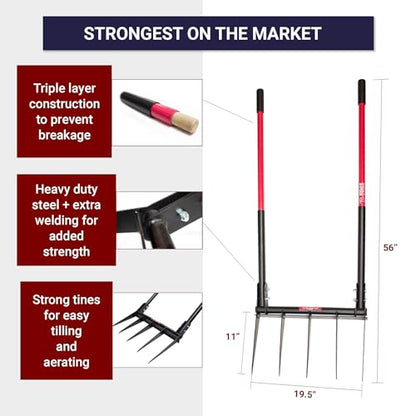 Bully Tools 5-Tine Broadfork, Fiberglass Handles, 56" 10-Gauge Steel Fork
