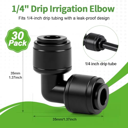 RedChili 30 PCS Quick Connect Drip Irrigation 1/4" Elbow Fitting, Universal 90 Degree Elbow Connectors for 1/4-Inch Drip Tubing Leak Free Fittings for Sprinkler Irrigation System Connection - size: 1/4" Quick Connect Elbow