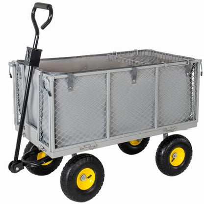 880LBS Capacity Steel Garden Dump Cart Oversized Heavy Duty, Utility Wagon All-Terrain Wheels Metal Flatbed Hauler Removable Liner Tray (Gray) - color: Gray
