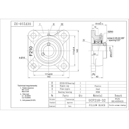 PGN UCF210-32 (2 Pack) Square Flange Bearing 2" Bore - size: 2, style: UCF210-32