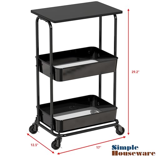 Simple Houseware 2-Tier Rolling Utility Cart Wood Top/Lockable Wheel, Black - color: Black