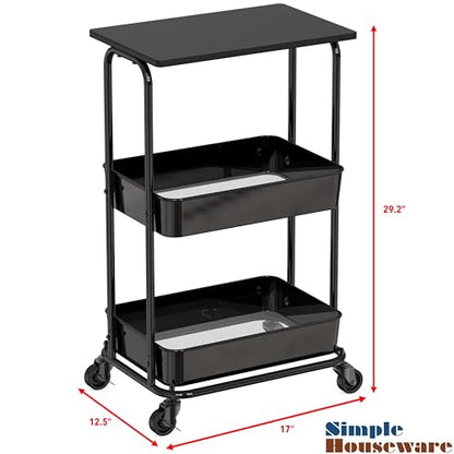 Simple Houseware 2-Tier Rolling Utility Cart Wood Top/Lockable Wheel, Black - color: Black