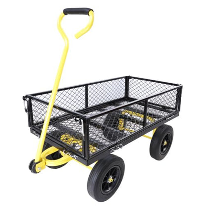 Heavy Duty Steel Garden Cart, Metal Utility Wagon Cart with Handle and Solid No-Flat Tires, 2-in-1 Convertible Flatbed Wagon with Removable Sides for Farm, Yard, Beach, Black+Yellow - color: Black+yellow