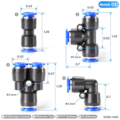 TAILONZ 4mm Push to Connect Fitting Splitters+Elbows+Tees+Straight 40pcs - color: Blue, size: 4MM OD/40PCS