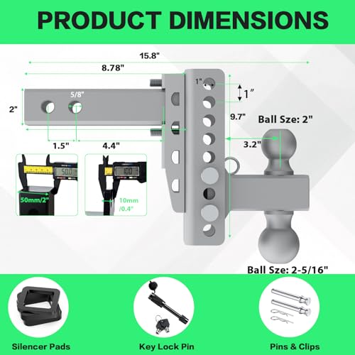 Zero-Noise Adjustable Trailer Hitch for 2 Inch Receiver - 8 Inch Drop/Rise - color: Grey, size: 8 Inch Drop/Rise