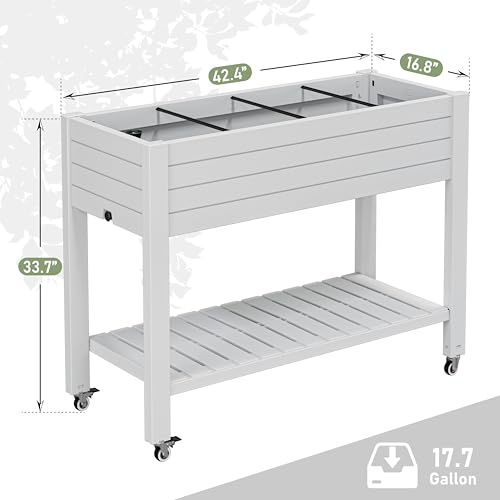 Raised Garden Bed with Shelf, Rolling Resin Planter Box, Ashen - color: Ashen, size: 33.7" H