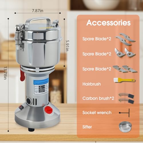 Grain Mill Grinder 750g, 2000W High Speed Electric Grain Grinder, 25000 RPM Stainless Steel Dry Food Pulverizer for Grains, Spices, Herbs, Coffee, Rice, Corn, Seeds, Home Commercial Use - size: 750G
