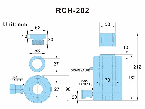AMZCNC 20 Ton Hollow Hydraulic Ram Cylinder, 2 Inch, Single Acting - size: 20T 2Inch