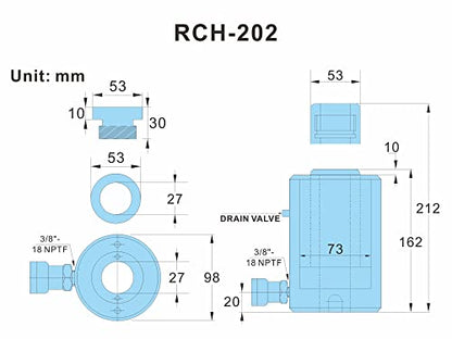 AMZCNC 20 Ton Hollow Hydraulic Ram Cylinder, 2 Inch, Single Acting - size: 20T 2Inch