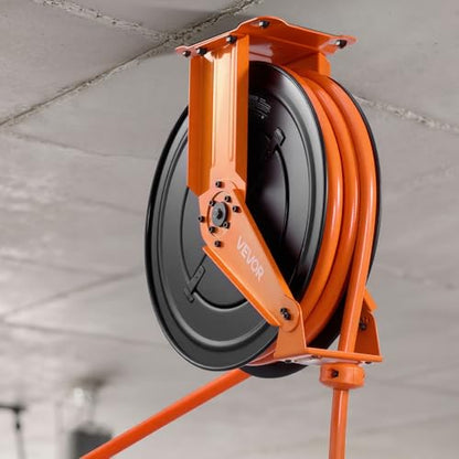 VEVOR Retractable Air Hose Reel, 3/4 Inch x 50 FT PVC Air Hose Max 300PSI, Auto Rewind Air-Compressor Hoses Reel with 5 ft Lead in, Ceiling/Wall Mount Heavy Duty Steel Double Arm - size: 3/4 in x 50 ft