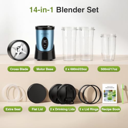 KOIOS Smoothie Blender Kitchen, 900W Personal Blender with 3 To-Go Cups - color: Sky Blue