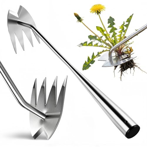 Weed Puller Tool, Heavy-Duty Stainless Steel Garden Hand Weeding Tool - size: 4-tooth