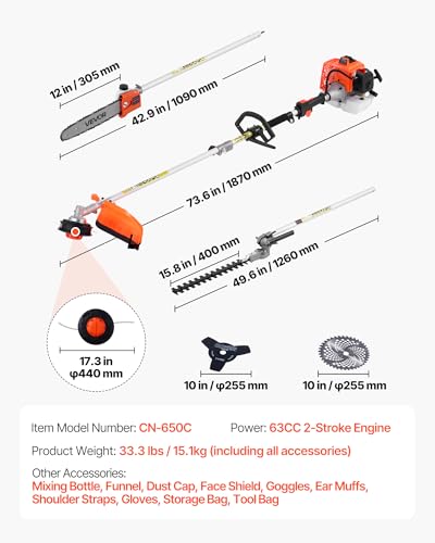 VEVOR Gas Hedge Trimmer 2 Cycle 63 cc 5-in-1 Gas Power Handheld Cutter - size: 63cc