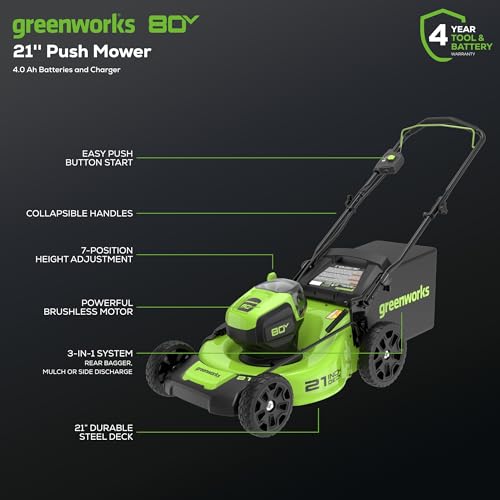 Greenworks 80V 21in Push Lawn Mower, 4.0 Ah Battery and Charger - size: 21" Push