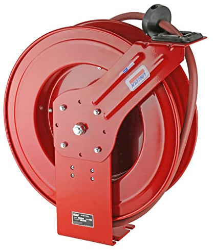 Lincoln 83754 Value Series Air/Water Retractable Hose Reel with 50' x 3/8" Rubber Air Hose, 1/2" NPT, 300 PSI, Slotted Mounting Base, 5-Position Adjustable Outlet Arm, All-steel Construction, Red