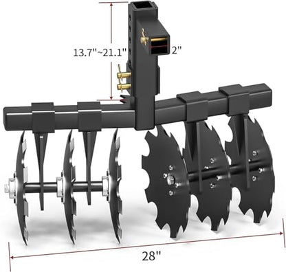 28" Cut Width ATV UTV Disc Plow Harrow Tow Behind Attachment with 2" Receiver Hitch for Soil Cultivation Food Plot Preparation