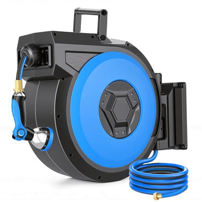 Retractable Garden Hose Reel, 1/2 in x 125 ft Heavy Duty Wall Mounted Hose Reel with Upgraded Automatic Slow Rewind System, Any Length Lock, 180° Swivel Bracket, 10-Pattern Nozzle for Outdoor Watering - size: 1/2'' 125FT