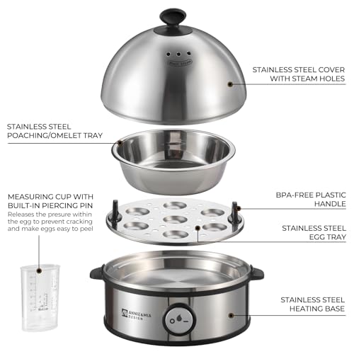 Annie & Mia Design Electric Egg Cooker, All Stainless Steel 7 Egg Capacity egg boiler, 360W, Hard, Medium, Soft Boiled Egg Poacher, egg steamer, Multi-function, Auto Shut-Off Function, BPA-free