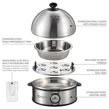 Annie & Mia Design Electric Egg Cooker, All Stainless Steel 7 Egg Capacity egg boiler, 360W, Hard, Medium, Soft Boiled Egg Poacher, egg steamer, Multi-function, Auto Shut-Off Function, BPA-free