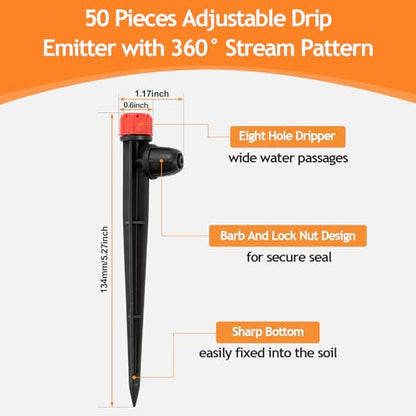 50pcs Drip Emitters for 1/4" Irrigation Tubing, Easy Connect Adjustable 360 Degree Water Flow Sprayer On 5" Stake for 4/7mm Tube Locked Drippers for Garden, Flower, Plant - color: Red Drip Emitter