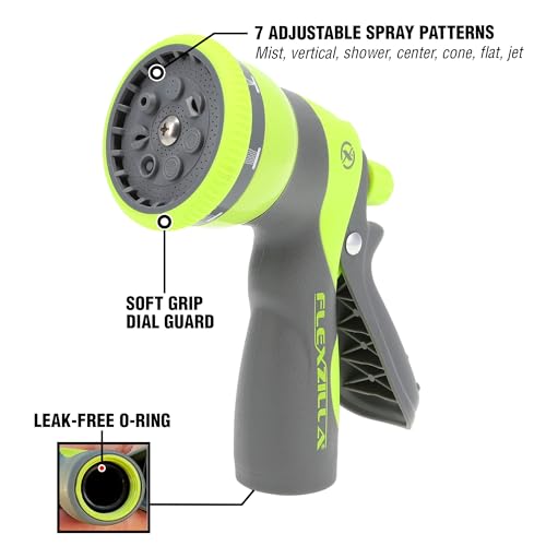 Flexzilla Heavy Duty 7-Pattern Adjustable Pistol Grip Garden Hose Nozzle Sprayer with Multiple Spray Settings & Durable Design - color: Chartreuse, style: 7-Pattern Flow Control