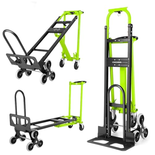 1000LBS Aluminum Stair Climbing Dolly, 3 in 1 Convertible Hand Truck, Green | Heavy Duty Foldable Dolly Cart with Solid Rubber Tri-Wheels, Loop Handle and 2 Bungee Cords for Moving, Warehouse - color: Green