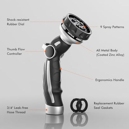 RESTMO Hose Nozzle Heavy Duty, Metal Water Hose Sprayer for Garden - color: Silver, size: 9 Watering Patterns