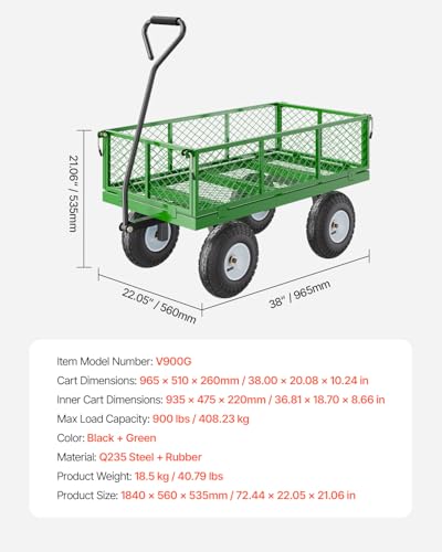 VEVOR 900 Lbs Steel Garden Cart on Wheels, Heavy Duty Pullable Garden Wagon Yard Cart, Outdoor Metal Utility Wagon with 10" Tires and Mesh Removable Sides(Convert to Flatbed), and 180°Rotating Handle - color: Black+green
