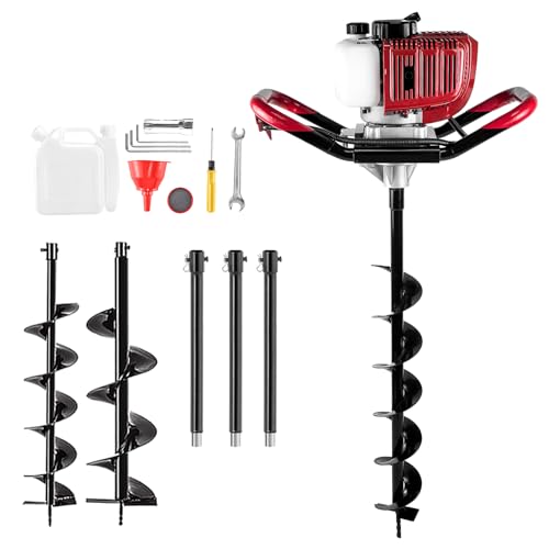 52CC Gas Post Hole Digger with 3 Auger Bits & 3 Extensions | 52CC 2-Stroke, 8000RPM, 3 Bits (4/6/8"), 3 Extensions (10"), 1.3L Fuel Tank, for Farmland, Garden and Plant