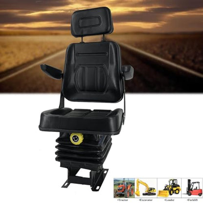 Tractor Suspension Seat, Adjustable Universal Replacement Seat W/Armrest W/Backrest, Compatible with Excavator Skid Loader Dozer (Black)