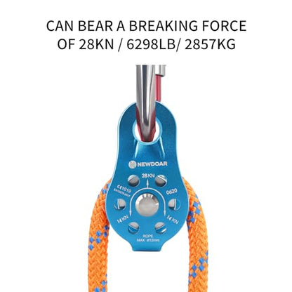NewDoar Fixed Plate Micro Pulley,28KN CE Certified General Purpose Small Aluminum Rope Pulleys for Climbing/Aloft Work/Rappelling/Rescue Etc - color: One Unit (28KN Pulley Blue)