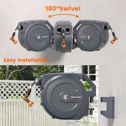 Giraffe Tools Retractable Garden Hose Reel 5/8" 62FT Auto Rewind Wall Mount - size: 5/8''62ft