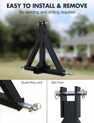 3 Point Trailer Hitch with 2" Receiver, Category 1 Tractor Drawbar Adapter-Black with Gloves
