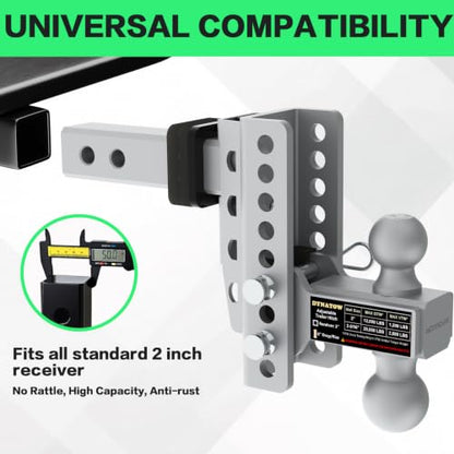 Zero-Noise Adjustable Trailer Hitch for 2 Inch Receiver - 6 Inch Drop/Rise - color: Grey, size: 6 Inch Drop/Rise