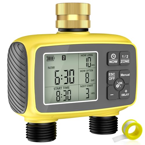 Hose Timer 2 Outlet, 2 Zone Programmable Sprinkler Timer with Rain Delay & Manual Mode, Heavy Duty Digital Timer for Garden Hose, Auto Irrigation Controller for Lawn, Yard & Drip Irrigation Outdoor