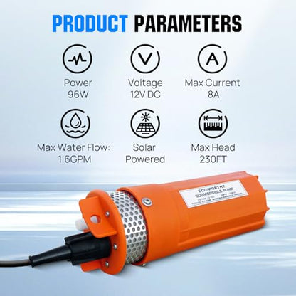 ECO-WORTHY 12V DC Submersible Well Water Pump with 10ft Cable, Water Flow 1.6GPM, Max Lift 100ft/30m, 96W Deep Well Pump for Irrigation, farm, ranch, home - size: 12v 96w Well Pump