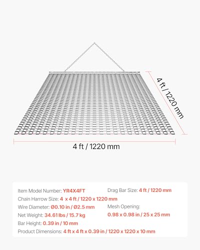 VEVOR Baseball Field Drag Mat, Field Drag, Yard Drag for ATVs UTVs Tractors, Durable Galvanized Steel Mesh Drag Mat with Towing Chain, for Gravel Driveway Ruts Farm Field Leveling - size: 48.03 x 48.03 x 0.39"
