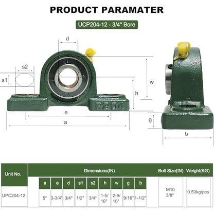 2 Pack UCP204-12 Pillow Block Mounted Ball Bearing - 3/4" Bore - Solid Cast Iron Base - Self Aligning - style: UCP204-12