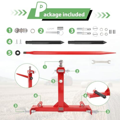 Suitable for 3-Point Hay Bale Spear with 3000 LB Capacity - Cat 1 Tractor Receiver Hitch & Gooseneck Ball