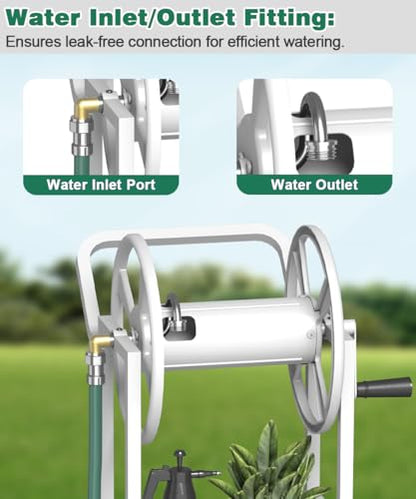 Artigarden Hose Reel Cart with 2 Wheels, Garden Water Hose Holder Heavy Duty Powder Coated Steel Outdoor Winder Storage Holds 125 ft 5/8" Hoses with Basket and 3.9ft Leader Hose for Backyard, White - color: White