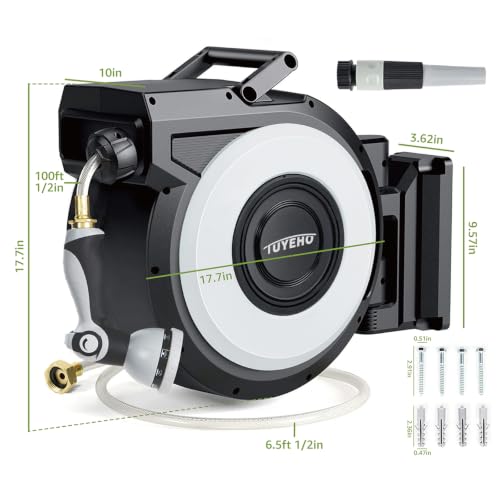 Tuyeho Heavy-Duty Automatic Retractable Garden Hose Reel 100FT Wall Mount - size: 1/2" 100FT