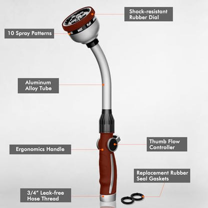 RESTMO Watering Wand Heavy Duty, 15-Inch Long Hose Nozzle Sprayer - color: Red